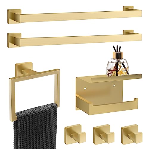 7 Piece Gold Bathroom Hardware Set with Brushed Gold Bathroom Accessories - Square 2 Towel Bars Towel Rack Stainless Steel 23-Inch