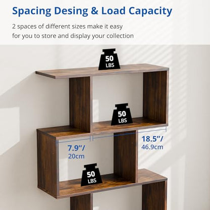Set of 2 Geometric Bookcase, S-Shaped Modern Bookshelf, Room Divider Bookshelf, 62" Tall Unique Abstract Bookcase with 5-Tier Display Shelf for Living Room Office, Rustic Brown