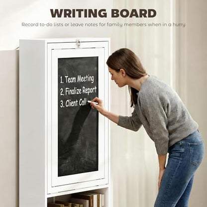 Foldable Convertible Writing Table, Wall Mounted Space-Saving Computer Desk with Chalkboard and Storage Shelves for Small Spaces, Home Office, Bedroom, Dorm, Apartment, White