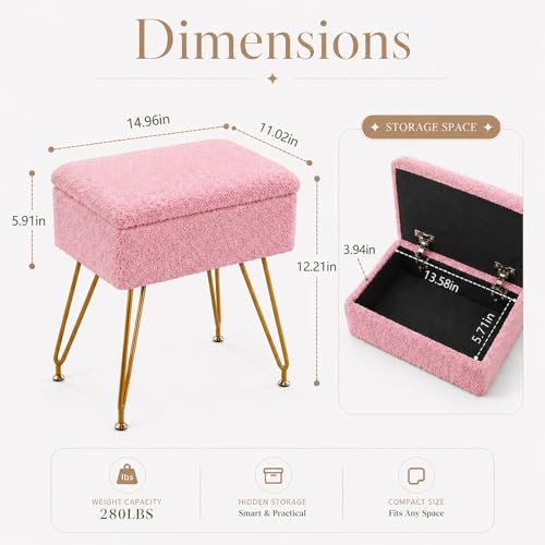 Vanity Stool with Storage, Sherpa Makeup Chair with Metal Legs, Upholstered Ottoman Seat for Bedroom, Living Room, Pink