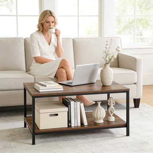 Industrial Coffee Table with Storage Shelf for Living Room, Wood Look Accent Furniture with Vintage Wooden Board Stable Metal Frame Cocktail Table 2-Tier Tea Table, Rustic Brown