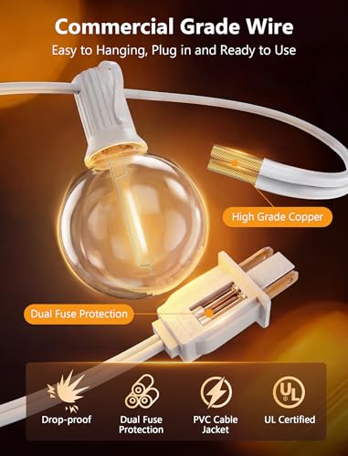 25Ft LED Outdoor String Lights, G40 Globe Patio String Lights Waterproof with 27 Shatterproof Bulbs, Hanging Outdoor Lights for Backyard Garden Bistro Wedding Party Christmas Decorations, White