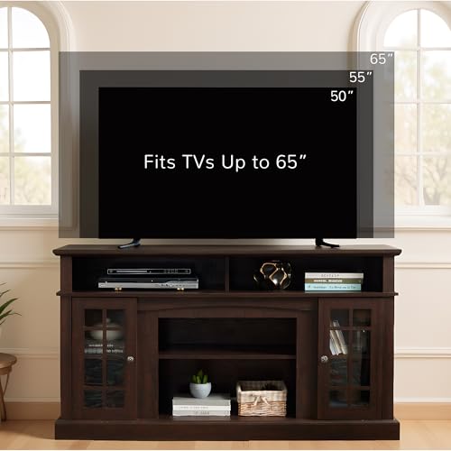 Traditional American Country Style TV Stand with Glass Door, 58"W Large Entertainment Center with Open Shelves, Home Entertainment Console Table for TV Up to 65'', Rack for Living Room (Espresso & 2)