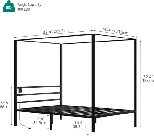 Canopy Bed Frame, Four Poster Platform Bed with USB Charging Station, view 3