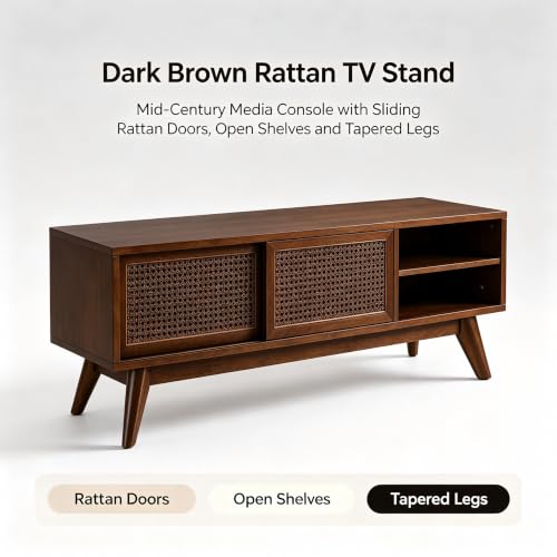 VEADONS 59" Mid Century Rattan TV Stand Dark Wood Media Console for 65 Inch TV, view 7