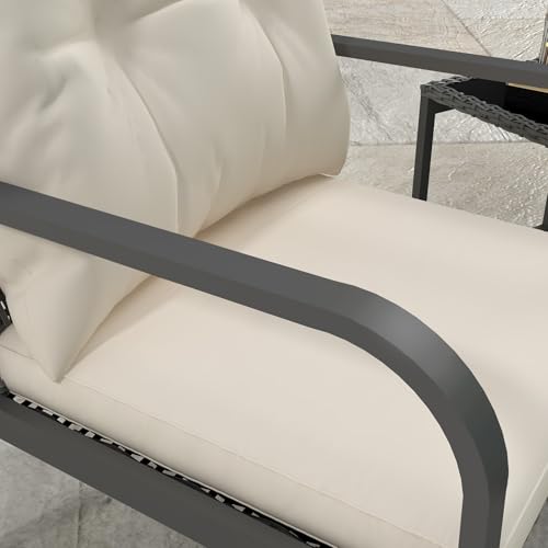 3 Pieces Patio Furniture Set, Rocking Chairs Wicker Outdoor Bistro Set Armchair Patio Furniture Conversation Sets with Tempered Glass Top Coffee Table & Cushions, Off White