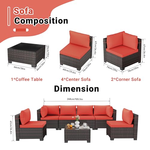 7-Piece Outdoor Patio Furniture Sets, Manual Weaving Rattan Conversation Sectional Sofa with Tempered Glass Coffee Table, All-Weather PE Wicker & Thick Cushions for Garden, Backyard, Porch