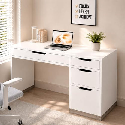 White Desk with 4 Drawers, 52 Inch Modern Computer Desk with Storage for Bedroom, Home Office Writing Desk for Small Spaces, Minimalist White Writing Desk