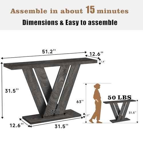 51 Inch Console Table, Modern V-Shaped Entryway Table, Wood Sofa Table Behind The Couch for Living Room, Hallway, Entrance, Foyer, Easy Assembly, Grey