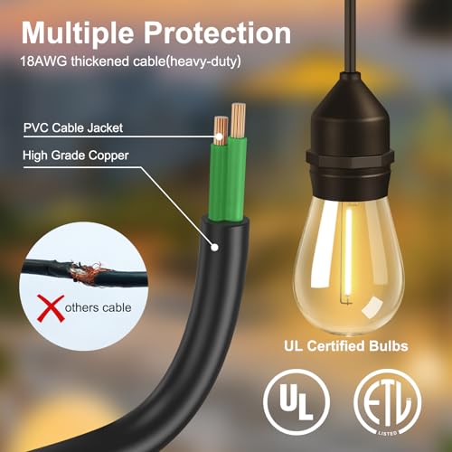 50FT Outdoor String Lights with 32+2 Bulbs (1.5FT Bulbs Spacing), Remote & Dimmer, Commercial Patio String Lights with 3 Mode Light & Timing, IP65 Waterproof, 50PC Mounting Ties for Outside