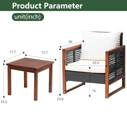 PayLessHere 3-Piece Outdoor Patio Furniture Set Modern Rattan Bistro Conversation Set with Acacia Wood Frame, Coffee Table, and Water-Resistant Cushions for Balcony, Garden, or Backyard (Khaki)