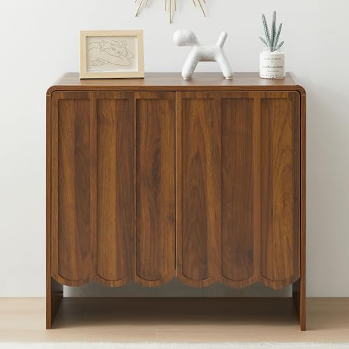 Sideboard Buffet Cabinet, Accent Storage Cabinets with 2 Doors, Farmhouse Wood Cabinet with Adjustable Shelves and Wave Panel for Living Room, Dining Room, Entry - Walnut