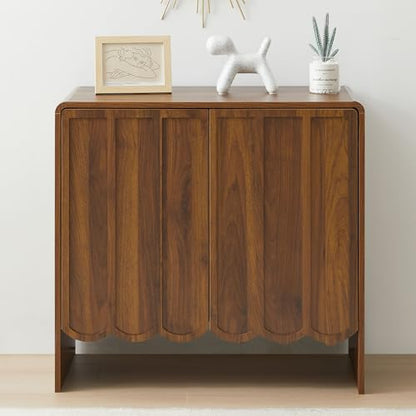 Sideboard Buffet Cabinet, Accent Storage Cabinets with 2 Doors, Farmhouse Wood Cabinet with Adjustable Shelves and Wave Panel for Living Room, Dining Room, Entry - Walnut