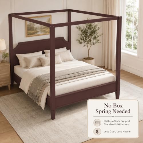 King Size Wooden Canopy Bed Frame Walnut Vintage Rustic, view 8