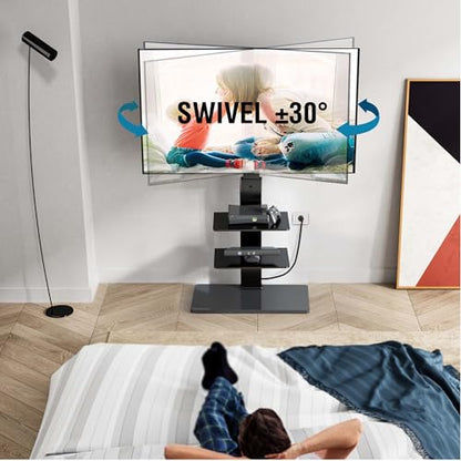 Floor TV Stand for 32-75 inch TV with Power Outlet, Tall TV Mount for Bedroom Living Room with Tempered Glass Base, TV Stand with Mount Holds Up to 88lbs MAX VESA 600x400mm,Black