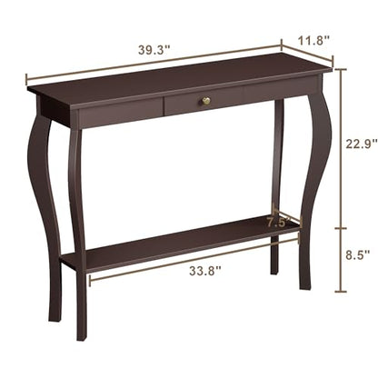 Narrow Console Table with Drawer, Chic Accent Sofa Entryway Table with Shelves for Entryway, Living Room, Hallway, Espresso