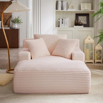 50" W Oversized Chaise Lounge Chair Indoor, Upholstered Corduroy Sofa Bed with Arm & 3 Pillows, Deep Seat Boneless Cloud Couch, Reading Chairs for Living Room,No Assembly Required, Pink