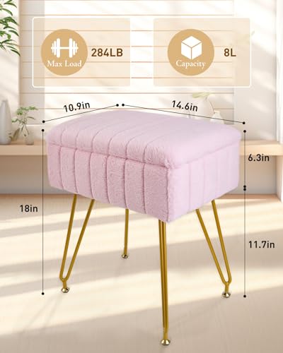 Vanity Stool with Storage, Faux Fur Makeup Stool with Metal Legs, Multifunctional Furry Footrest Ottoman Chair for Living Room Bedroom,Pink