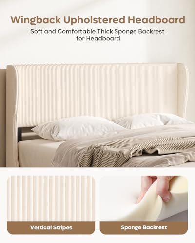 Queen Bed Frame with Wingback Headboard,Upholstered,Beige, view 5