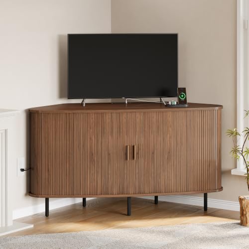 55" Corner TV Stand, Fluted TV Cabinet for 60 Inch TVs, Walnut, view 4