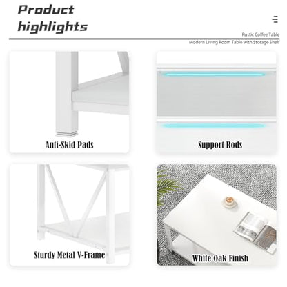 White Coffee Table with Storage Shelf, Modern Rustic Wood and Metal Center Table for Living Room, 47 Inch