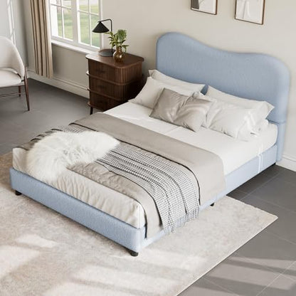 Queen Bed Frame with Boucle Fabric, Blue, view 6