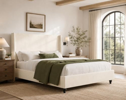 Queen Size Wingback Plush Upholstered Platform Bed Frame, White, view 2