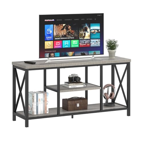 Modern TV Stand for TVs up to 55 Inch, Rustic Wood Entertainment Center with Storage Shelves, Industrial Media TV Console and TV Table for Living Room Bedroom, 47 Inch Light Grey