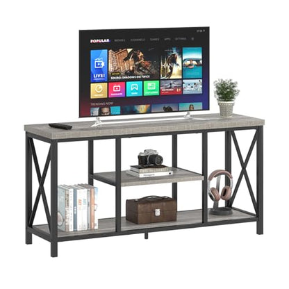Modern TV Stand for TVs up to 55 Inch, Rustic Wood Entertainment Center with Storage Shelves, Industrial Media TV Console and TV Table for Living Room Bedroom, 47 Inch Light Grey
