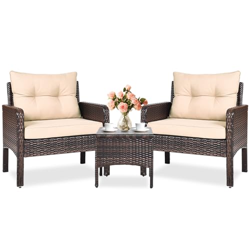 3 Piece Patio Furniture Set, Outdoor Wicker Conversation Bistro Set with 4 Cushions, All Weather PE Rattan Furniture Set for Garden, Backyard, Porch, Poolside (Beige)