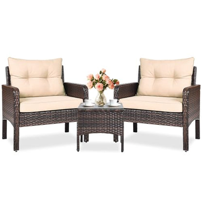 3 Piece Patio Furniture Set, Outdoor Wicker Conversation Bistro Set with 4 Cushions, All Weather PE Rattan Furniture Set for Garden, Backyard, Porch, Poolside (Beige)