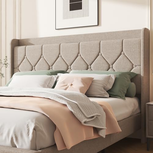 King Size Bed Frame with Diamond Tufted Linen Headboard & Storage Shelf, view 7