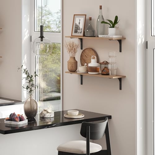 Long Wall Shelves, 31.5 Inch Wall Mounted Shelves Set of 2, Easy-to-Install, Floating Storage Ledges with Sturdy Metal Brackets for Living Room, Bathroom, Bedroom, Kitchen, Natural