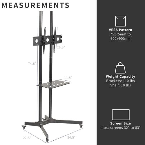 VIVO Tall TV Cart for 32 to 83 inch Screens up to 110 lbs, LCD LED OLED 4K Smart Flat and Curved Panels, Rolling Stand with Laptop DVD Shelf, Locking Wheels, Max VESA 600x400, Black, STAND-TV13E