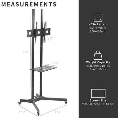 VIVO Tall TV Cart for 32 to 83 inch Screens up to 110 lbs, LCD LED OLED 4K Smart Flat and Curved Panels, Rolling Stand with Laptop DVD Shelf, Locking Wheels, Max VESA 600x400, Black, STAND-TV13E