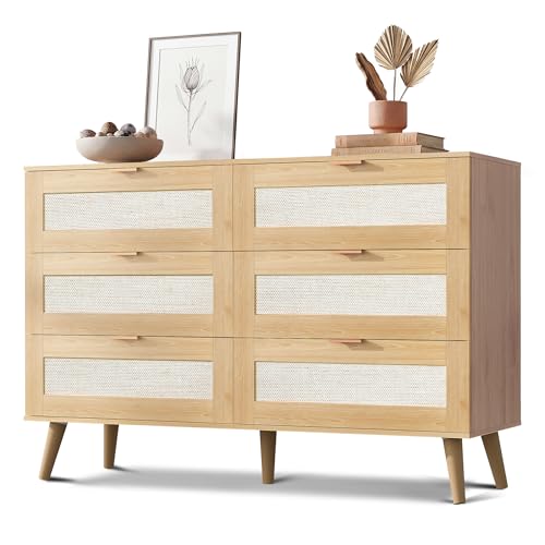 Rattan TV Stand, 6-Drawer 47.24'' Wide Boho Wood TV Console, Gold Metal Handle, TV Stand for 55 inch TV, Storage for Living Room, Office, Light Oak