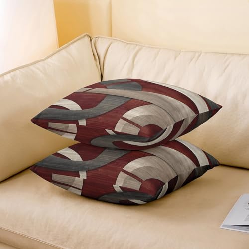 Abstract Spiral Throw Pillow Covers 18x18 Inch Set of 2 Retro Burgundy Red Gray Geometric Stripes Lines Cushion Covers for Teens Men Women Modern Simple Style Cushion Cases for Living Room Couch