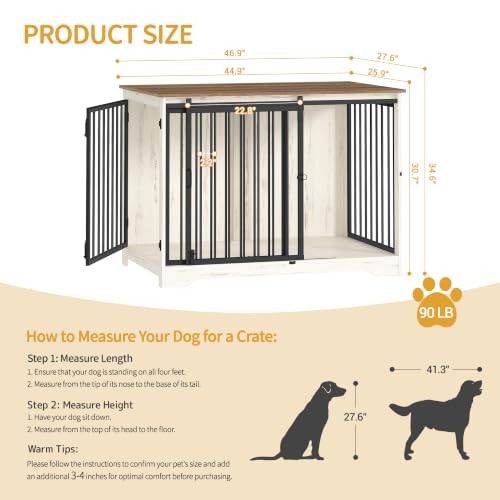 46.9" Dog Crate Furniture with Barn Door, Heavy Duty Dog Kennel Indoor with 2 Doors, Wooden Pet Cage End Table for Large Medium Dogs, Anti-Chew Anti-Escape, White Brown DFC93314B