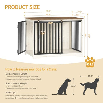 46.9" Dog Crate Furniture with Barn Door, Heavy Duty Dog Kennel Indoor with 2 Doors, Wooden Pet Cage End Table for Large Medium Dogs, Anti-Chew Anti-Escape, White Brown DFC93314B