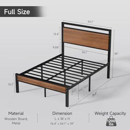 Full Metal Bed Frame&Wooden Headboard&Footboard,No Box Spring,Walnut, view 3
