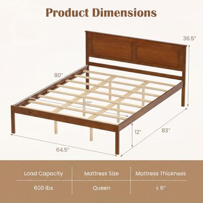 Queen Size Bed Frame, Farmhouse Wooden Platform Bed with Headboard, view 3