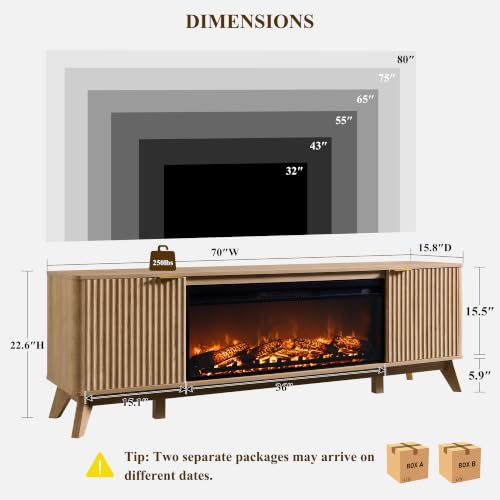 70" Fluted Fireplace TV Stand with 36" Electric Fireplace, Natural Oak, view 3