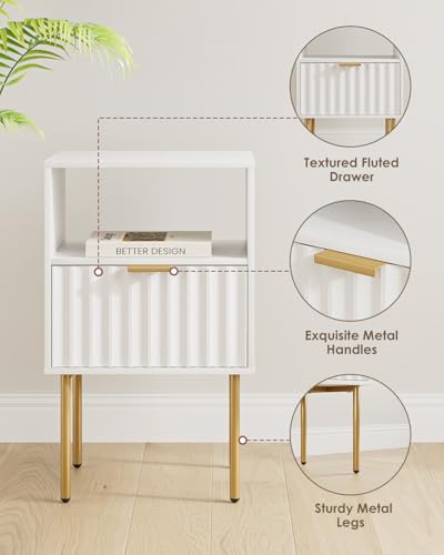 Nightstand,Modern Bedside Table with Gold Frame,White Night Stand,Bedside Furniture, Modern Side Table with Drawer and Shelf for Bedroom,Living Room (White)