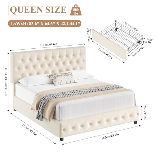 Modern Queen Size Upholstered Bed Frame with 4 Storage Drawers, Button Tufted Headboard Design, Solid Wooden Slat Support, Easy Assembly, Soft Velvet, Beige