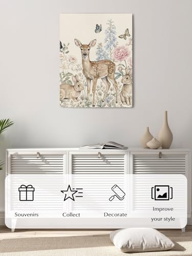 NuYeBiofx Farmhouse Deer Rabbit Butterfly Canvas Wall Art Prints,40"x28" Framed Picture Artwork Retro Pastoral Flower Leaf Printed Canvas Oil Painting for Living Room Bedroom Office,Ready to Hang
