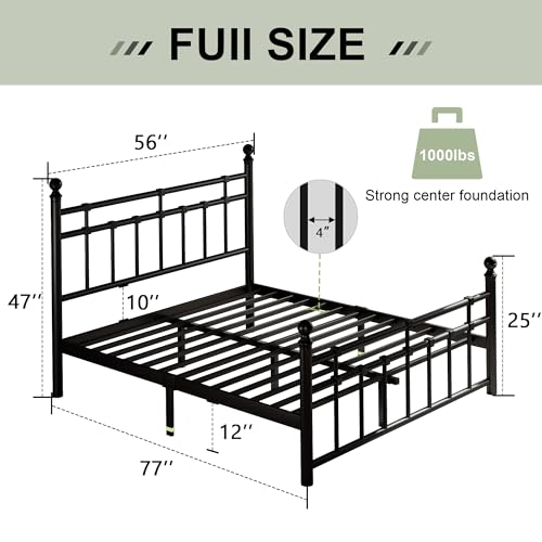 Full Size Metal Platform Bed Frame with Victorian Classic Iron-Art Headboard, view 3