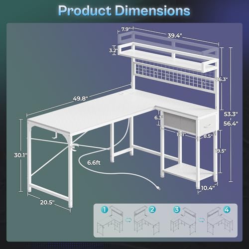 L Shaped Gaming Desk with Shelves, Corner Computer Table with LED Lights, Power Outlets and USB-C Ports, 50 Inch Reversible Home Office Desk with Storage Drawer, for Work and Study, White
