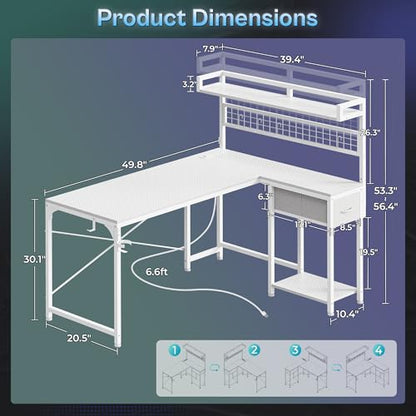 L Shaped Gaming Desk with Shelves, Corner Computer Table with LED Lights, Power Outlets and USB-C Ports, 50 Inch Reversible Home Office Desk with Storage Drawer, for Work and Study, White