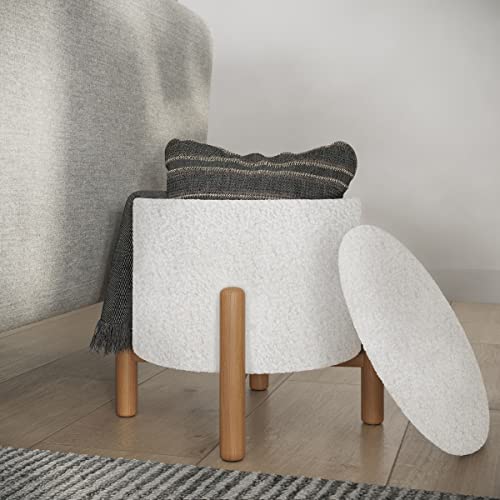 Round Sherpa Storage Ottoman Pouf with Removable Lid – Plush Couch Footrest & Hidden Organizer for Small Spaces, Dorm or Living Room by (White)