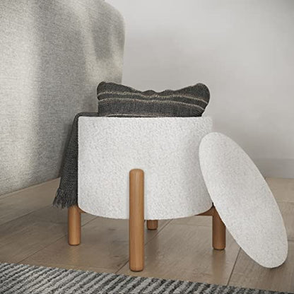 Round Sherpa Storage Ottoman Pouf with Removable Lid – Plush Couch Footrest & Hidden Organizer for Small Spaces, Dorm or Living Room by (White)